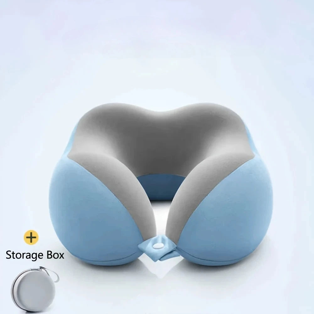 Comfortable U-shaped neck pillow with storage bag – ideal for travel, napping, and office use